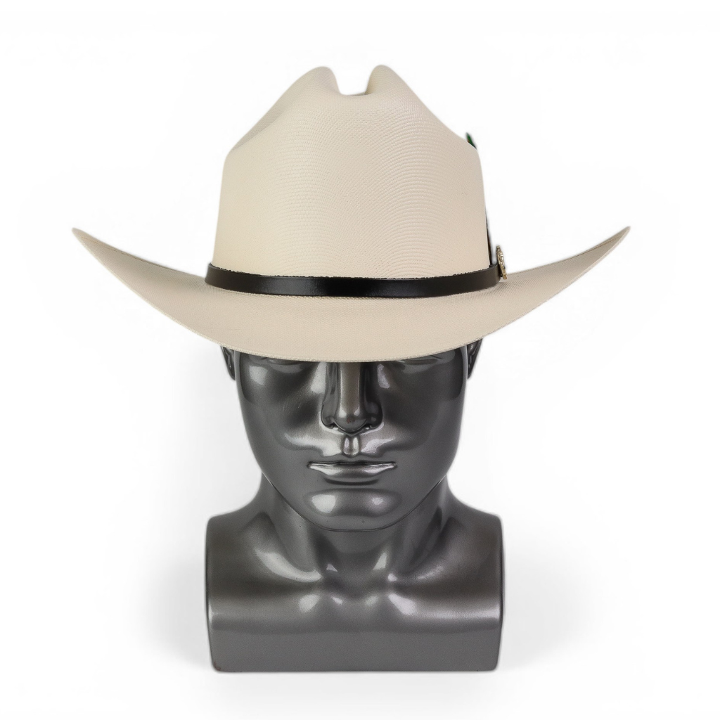 Vista frontal con copa alta marcada y ala amplia curvada.