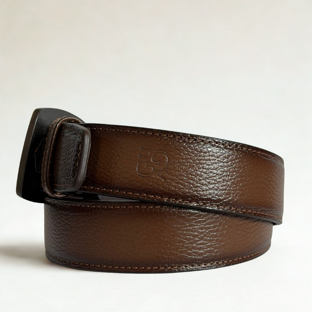 Vista lateral con detalle a la textura de la piel y logo.