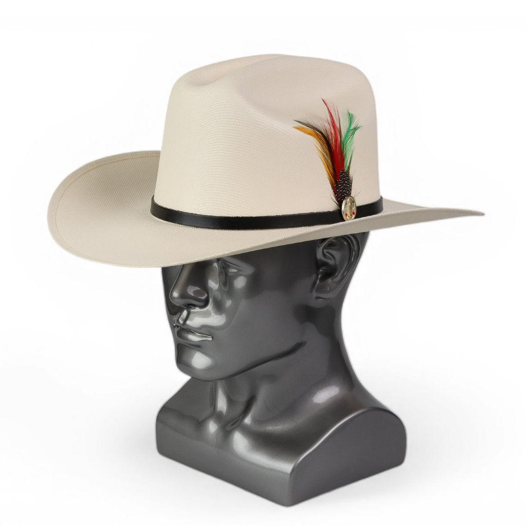 Vista lateral destacando longitud del ala y plumas decorativas.