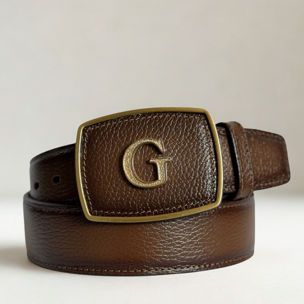 Cinto amielado con textura en piel de venado y hebilla dorada con letra “G”.