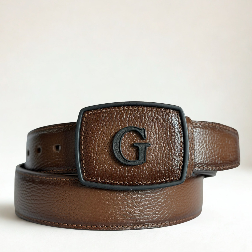 Cinto en piel tono miel con textura y hebilla metálica rectangular.