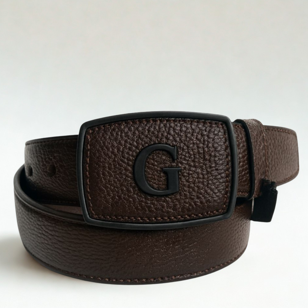 Cinto marrón de piel de venado con hebilla metálica rectangular.