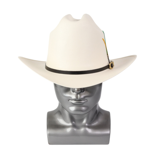 Vista frontal con copa alta marcada y ala amplia ligeramente curvada.