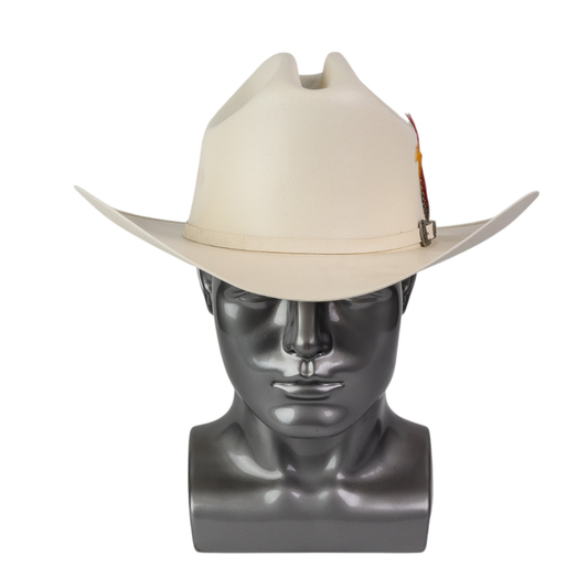 Vista frontal con copa alta marcada y ala amplia ligeramente curvada.